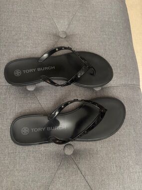 Tory Burch Black Gloss Logo Flip Sandals